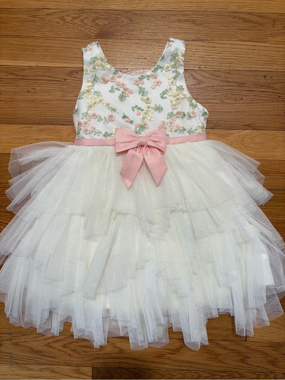 American Princess White Cream Floral Embroidered Tulle Bow Dress